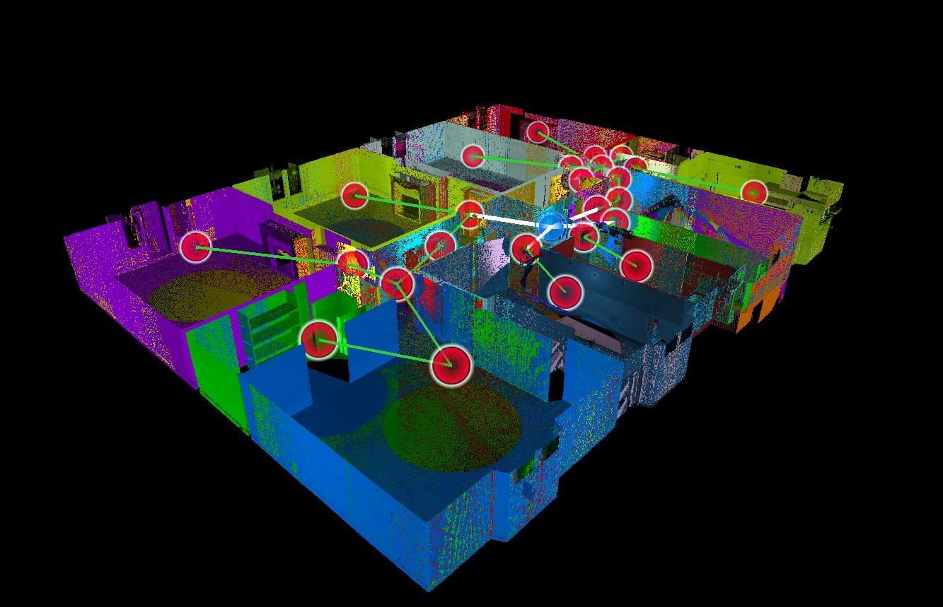 Vue intérieure 3D multi-pièces d'une maison de ville scannée au LiDAR pour rénovation.